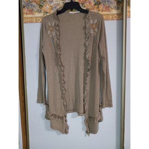 Blue Bird Medium Tan Embroidered Open Lightweight Floral Lagenlook Boho Top